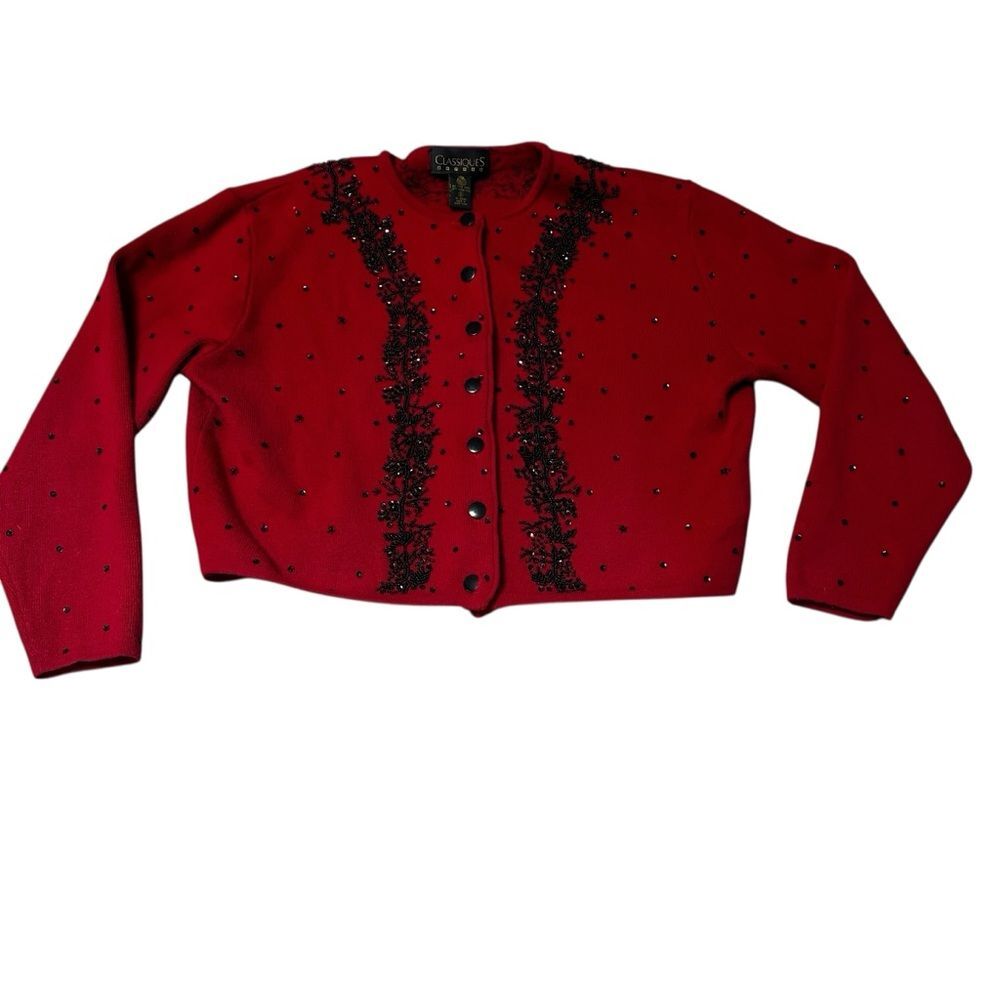 Classiques Merino Wool Beaded Cardigan Red Black Vintage Hong Kong Women’s S